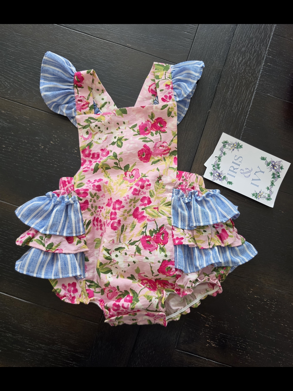 iris & ivy Pink Floral Romper with Blue Stripe Ruffles